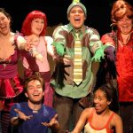 The cast of The Frog & The Witch at Vital Theatre (front: Jeff Barba, Monique Beasley); back: Rebecca Stavis, Caitlin Mesiano, George Salazar, Angela Dirkesen.